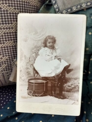 Victorian Cabinet Card Photograph Child Drum Horse On Wheels Photo