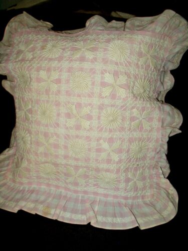 Antique Victorian Edwardian Pillow Cover Pink Check Chicken Scratch Embroidery