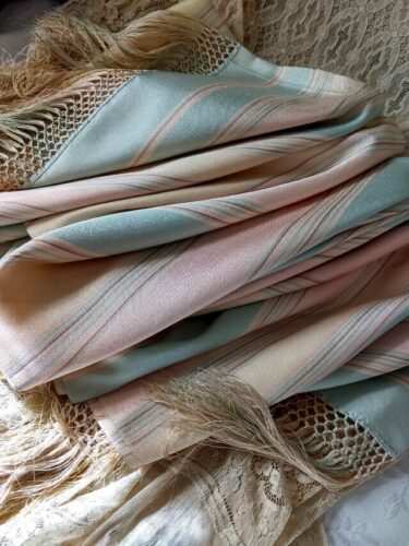 Edwardian 1920s Rayon Evening Shawl Stole Wrap Hand Tied Fringe Muted Colors
