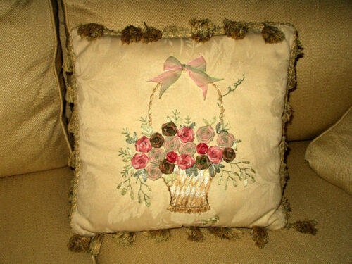 Brocade Rosette Ribbon Basket Embroidery Throw Pillow