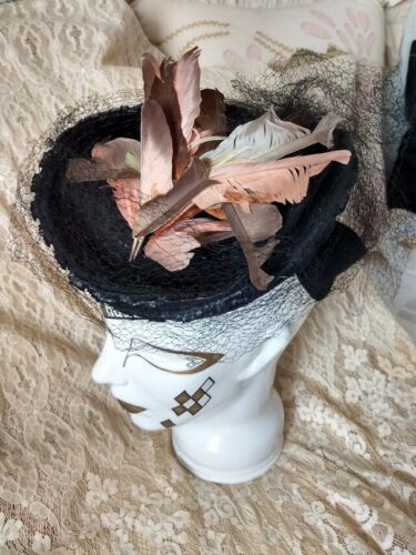 1940s Straw Tilt Hat Tri Corner Millinery Feathers Veiling Embellishment