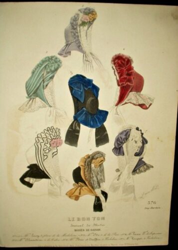 1850 Hand Colored Engraved Page Journal de Modes Hats Bonnets Magazine