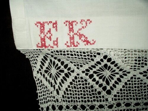 Antique Victorian Bed Sheet Redwork Embroidery Initals Crochet Trim