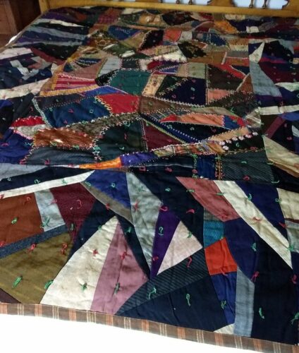 Antique Crazy Quilt Embroidery Wool Fabric Yarn Tied Comforter Charming