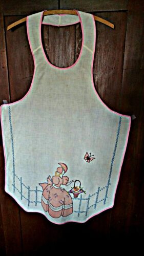 Vintage Depression Muslin Bib Apron Southern Belle Tinted Stencil Embroidery