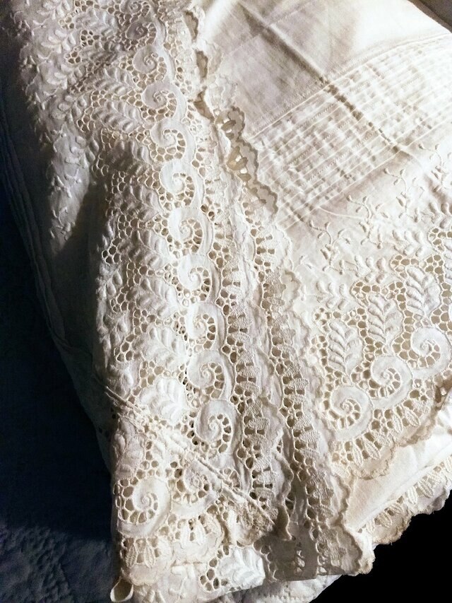 Victorian Bed Sheet Whitework Eyelet Tuckwork Home Sewn Antique Bedding