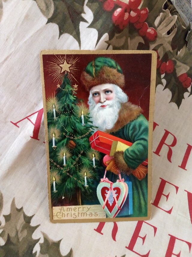 Antique Postcard Santa Father Christmas Green Suit Packages Candy Box The Gatherings Antiques Antique Postcard Santa Father Christmas Green Suit Packages Candy Box The Gatherings Antiques