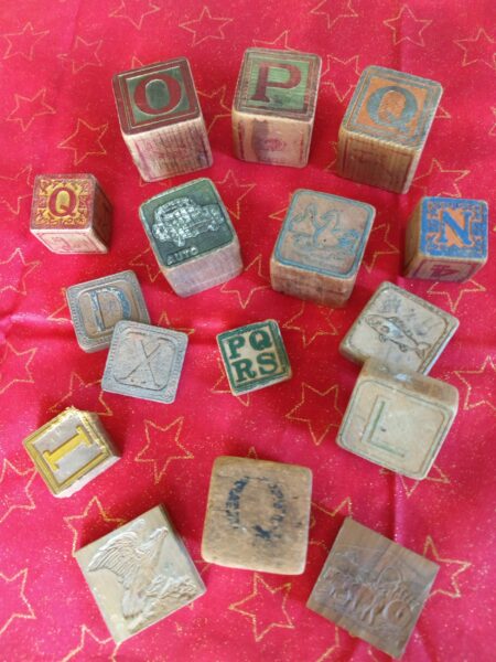 16 Wooden Toy ABC Building Blocks Assorted Lot Embossed Early 1900