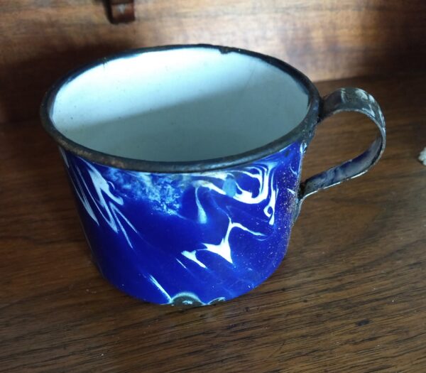 Antique Graniteware Mug Handled Cup Blue Swirl Enamelware 1900