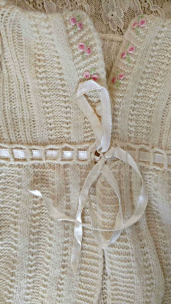 Vintage 1930s Knit Doll Sweater Cream Wool Embroidery Rosette Ribbon
