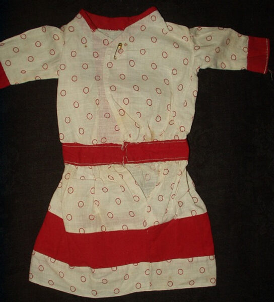 Early 1900s Edwardian Red Dot Calico Doll Dress With Red Trimming