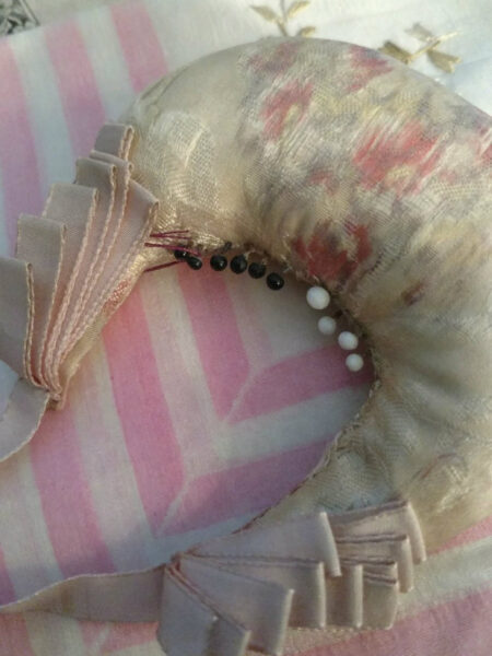 Victorian Hand Made Printed Silk Pin Cushion Hanging Ribbon Pin Keep