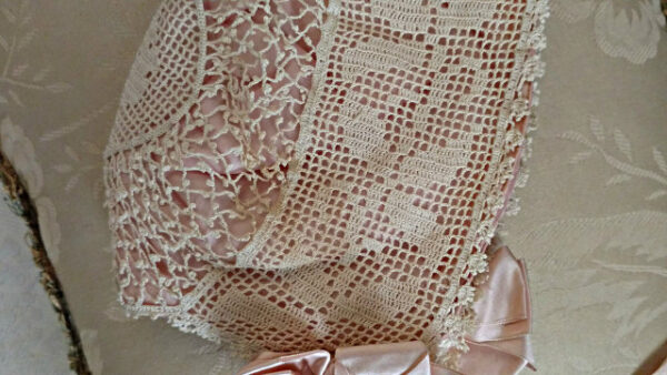 Vintage 1920 Filet Crochet Baby Bonnet Pink Silk Lining Ribbon Bows