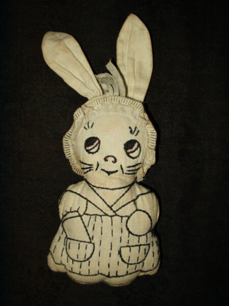 Vintage Cloth Embroidery Bunny Rabbit Stuffed Doll Tinted Stencil 1920s 1930s