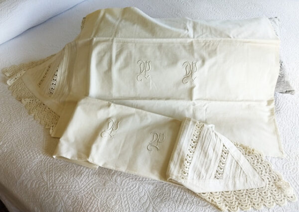 1900 Antique Envelope Pillowcase Cotton Pair Monogram Tucks Crochet Lace