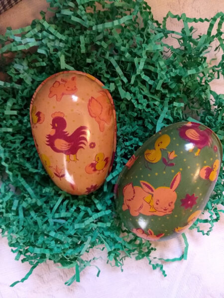 2 Vintage 1950 Tin Colmor Easter Candy Container Bunny Chick