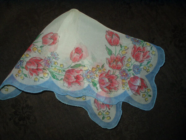 Vintage Mid Century 1950 Sheer Nylon Handkerchief Hankie Tulip Border