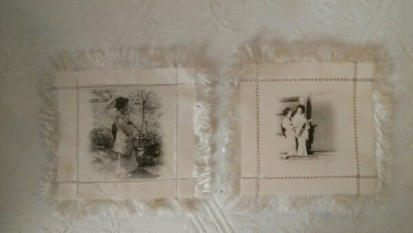 2 Victorian Oriental Doilies Silk Fringe Drawnwork Print Geisha Girls