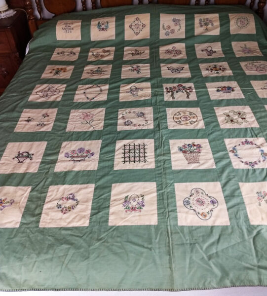 Vintage 1920 Quilt Summer Spread Hand Stitch Embroidered Flowers Signed Patchwork Depression Green Fabric Cottage Shabby
