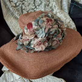 Edwardian WW 1 Straw Hat Wide Brim Fabric Flowers Embellishment