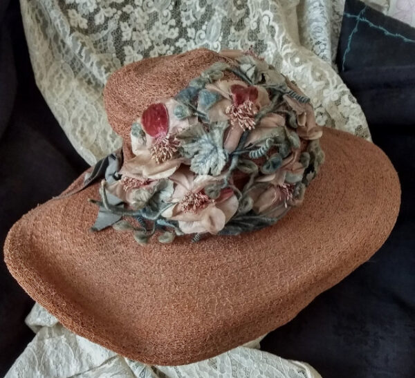 Edwardian WW 1 Straw Hat Wide Brim Fabric Flowers Embellishment