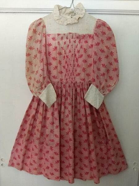 Victorian Girl Calico Dress Double Pink 1890s Long Sleeve White Eyelet Trim