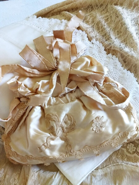 Antique Silk Satin Pouch Bag Purse Ribbon Lace Victorian Edwardian Wedding