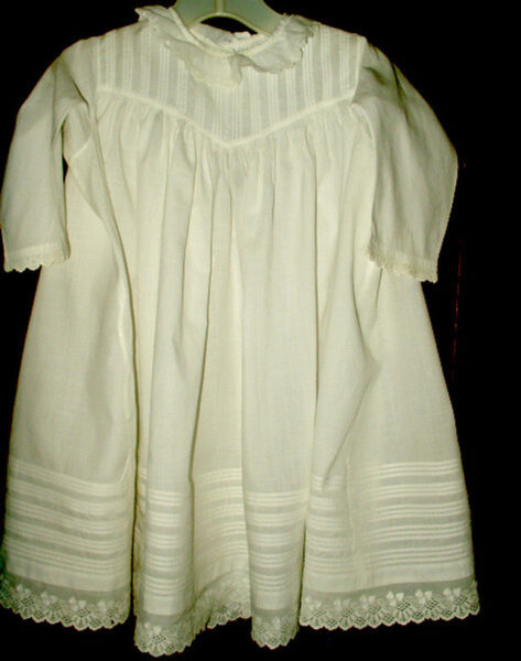 Antique Victorian Child Baby Doll Cotton Dress Tucks Eyelet Trim