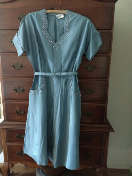 Vintage 1950s Woman Dress Blue Taffeta Full Skirt Jewel Neckline Day Wear