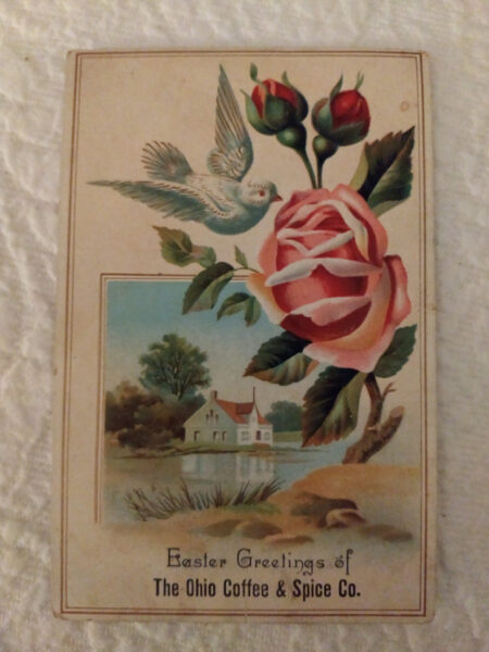 Easter Greeting Ohio Coffee Trade Card Rose Bird 1900s