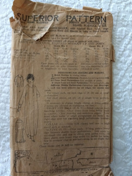 1920s Sears Superior Nightgown Sewing Pattern Size 40