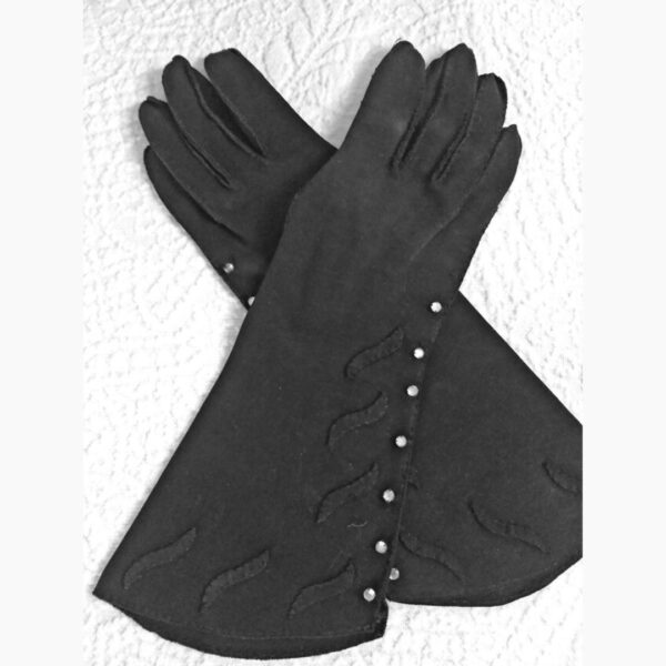 1950s Black Suede Gloves Flared Cuffs Rhinestone Trim Mid Length