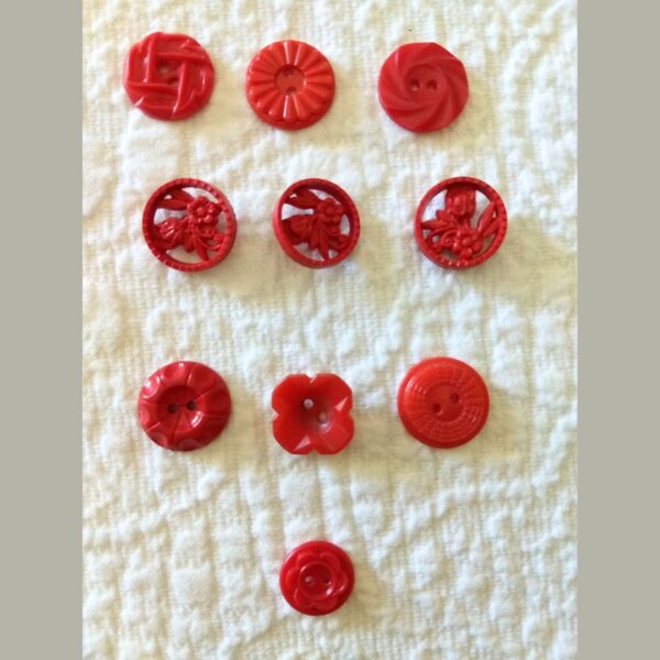 10 Buttons Early Plastic Assorted Red Carved Cutout 1930s 1940s