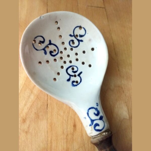 Antique Victorian White China Strainer Blue Design Long Wooden Handle