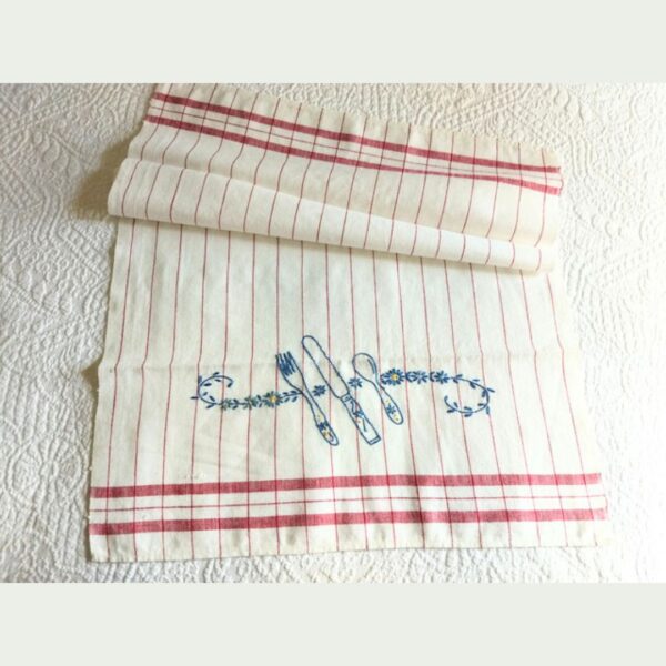 Embroidery Kitchen Towel 1940s Red Stripe Silverware
