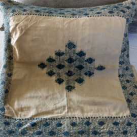 Sham Homepun Blue Wool Running Stitch Embroidery 1800s