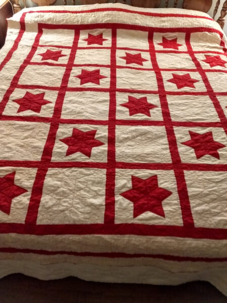 1900 Victorian Antique Red White Star Quilt Hand Stitched Quilting