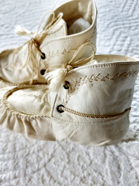 Victorian 1900 Baby Moccasins Shoes Old Stock Leather Silk