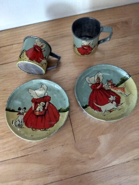 2 Tin Sunbonnet Babe Toy Cup Saucer 1900s Pretend Play Dishes