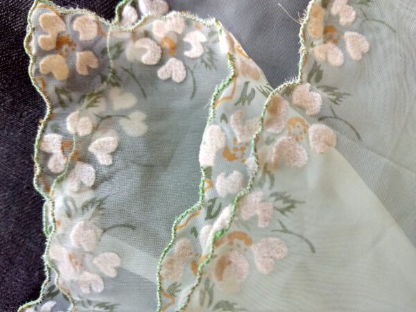 1950s Handkerchief Green Nylon Flock Flowers Border Hanky