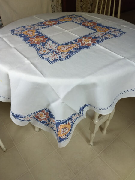 Linen Tablecloth Cross Stitch Embroidery Vintage 1930 Bold Colors