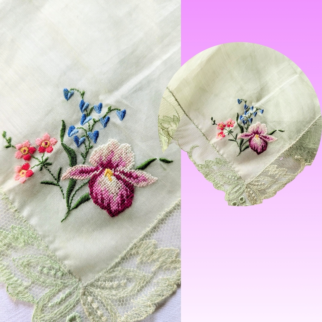 Vintage 1920's Handkerchief Pettipoint Embroidery Lace Edging Mint Green Unused