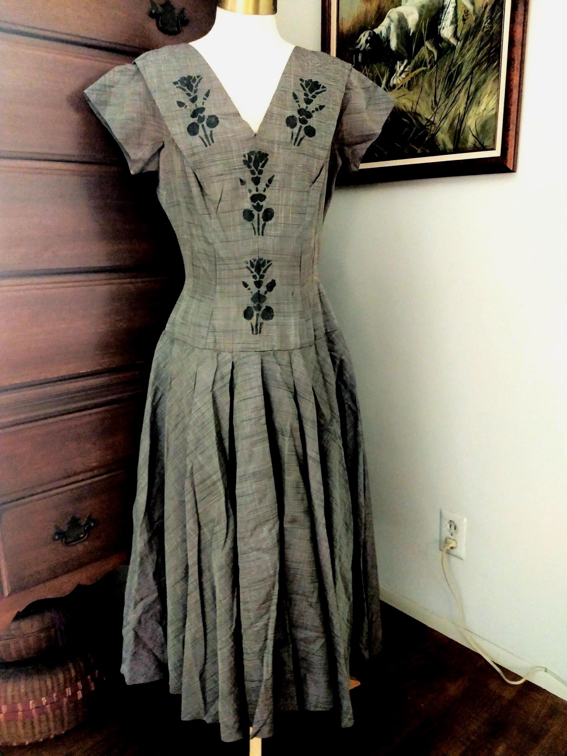 1950 Dress Coat Combination Swing Style Block Printing Egyptian Influence Faille Fabric