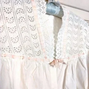Edwardian Nightgown White Cotton Eyelet Yoke Long Sleeves Silk Ribbon Vintage Sleepwear