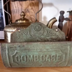 Primitive Tin Comb Case Original Green Paint Wall Hanging Antique 1900s Farmhouse