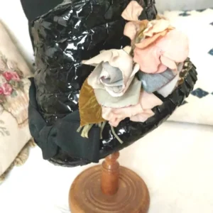 Vintage 1940s Hat Black Raffia Racello Tilt Fabric Flower Cluster Original Sales Slip