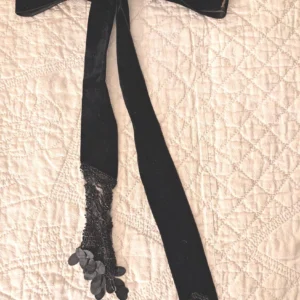 Black Bow Silk Velvet Dress Sash Beaded Netting Trim Edwardian Mourning Ribbon Antique Victorian