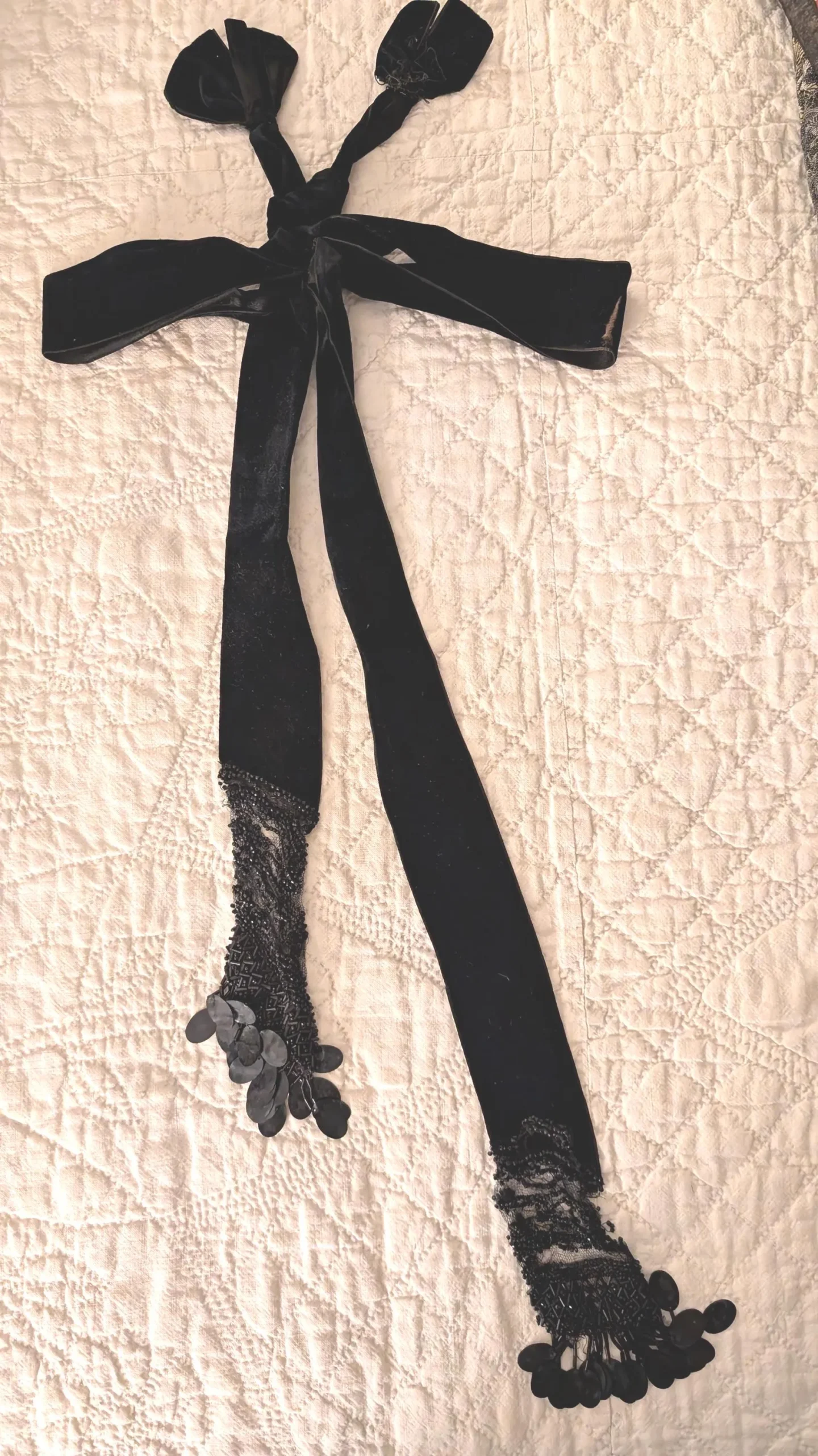 Black Bow Silk Velvet Dress Sash Beaded Netting Trim Edwardian Mourning Ribbon Antique Victorian