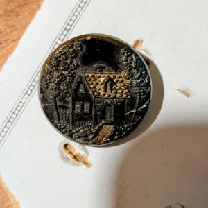 8 Victorian Carnival Glass Buttons – Country Cottage Scene Original Card