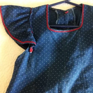 Vintage 1940 Children's Summer Dress In A Blue Dot Fabric Red Trim